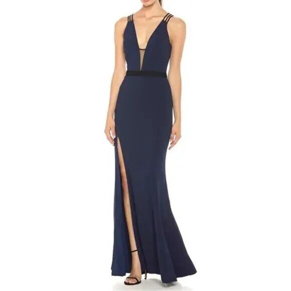 DRESS THE POPULATION Lana Navy‎ Black Mesh Plunge Strappy Maxi Dress Size Medium - Picture 1 of 9